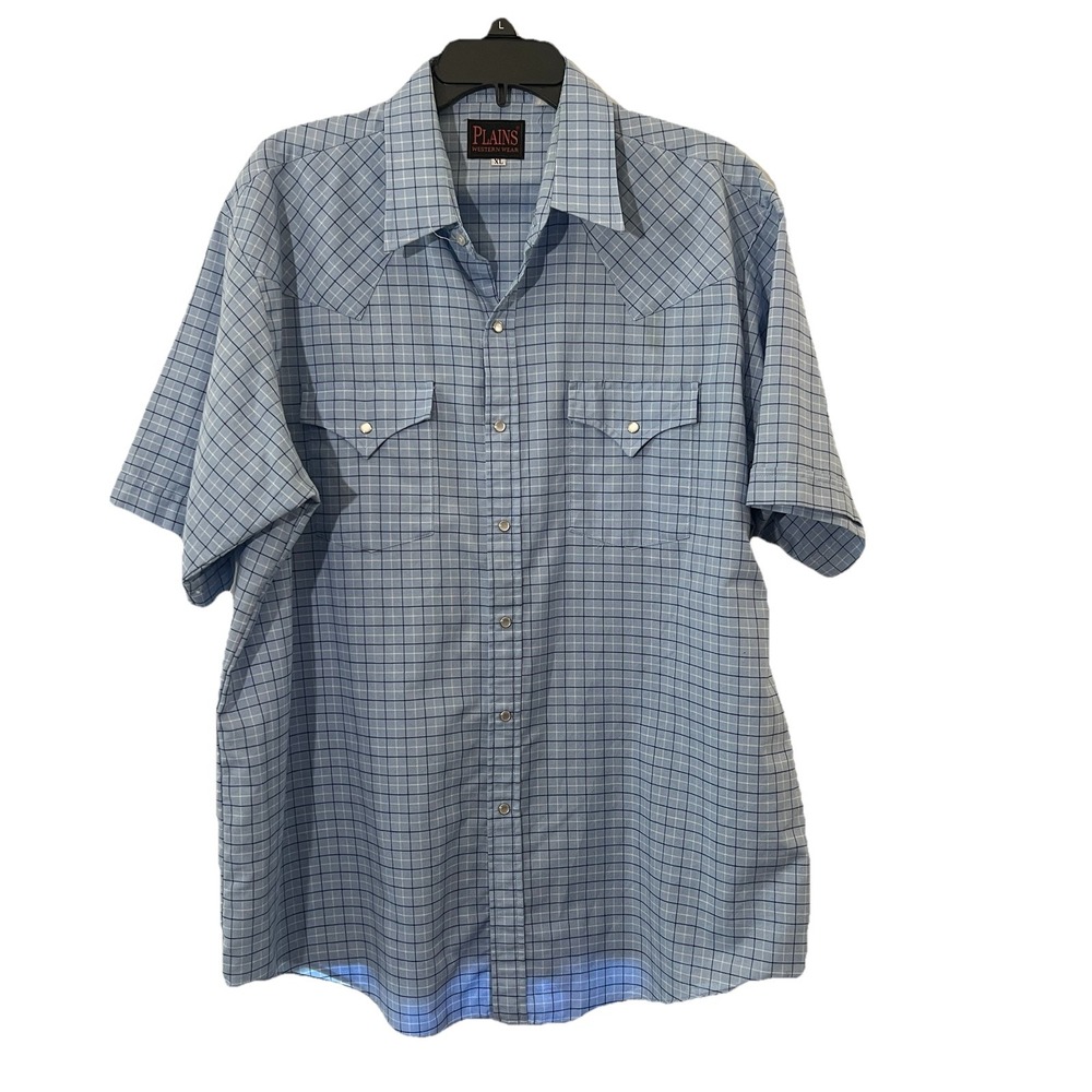 Plains‎ Western Wear Shirt Mens XL Blue Plaid Pearl Snap Short Sleeve Cowboy